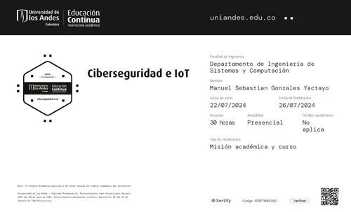 Certificado de Ciberseguridad e IoT de la Universidad de los Andes